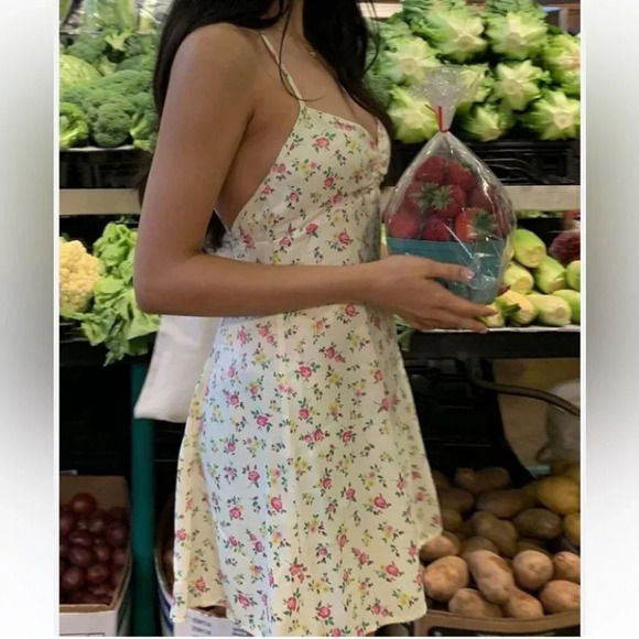 Zara Ditsy Floral Open Back  Mini Slip Dress Yellow Pink Rose NWOT Size Large - Picture 5 of 14